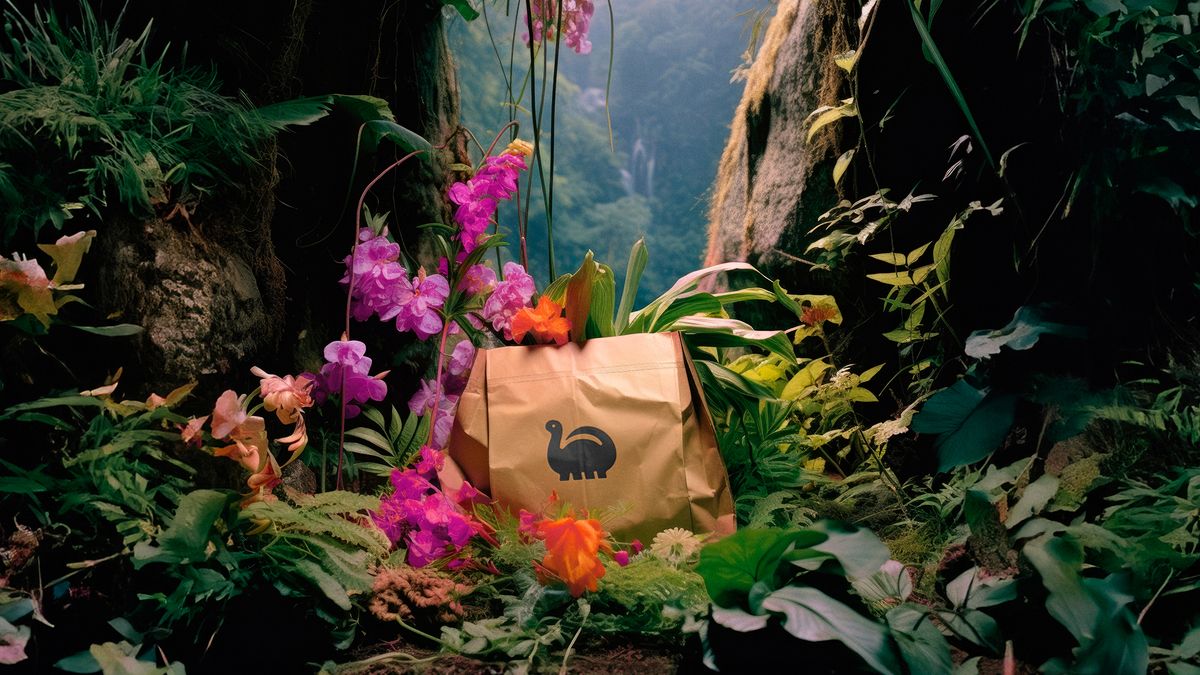 Lunch bag with the De-extinction logo on a natural floral background.