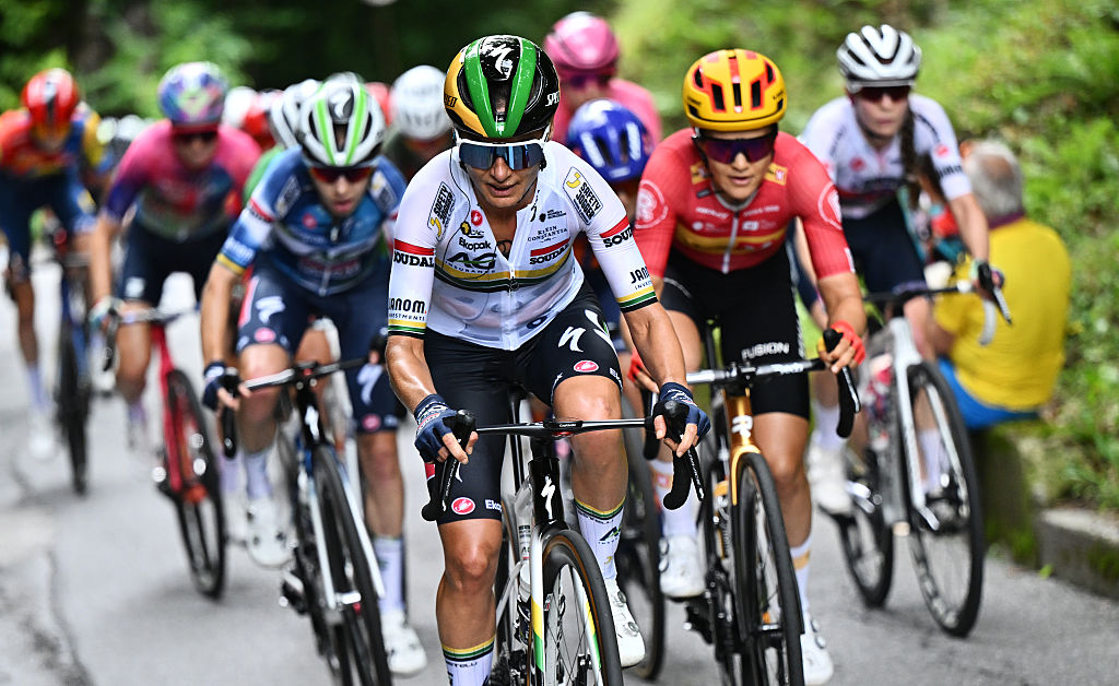 APRICA, ITALY - JULY 07: Ashleigh Moolman of South Africa and Team AG Insurance - Soudal competes during the 36th Giro d'Italia Women 2025, Stage 2 a 92km stage from Clusone to Aprica 1174m / #UCIWWT / on July 07, 2025 in Aprica, Italy. (Photo by Luc Claessen/Getty Images)