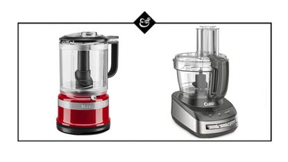 Food processor vs food chopper on a H&G border featuring the KitchenAid food chopper and the Cuisinart food processor