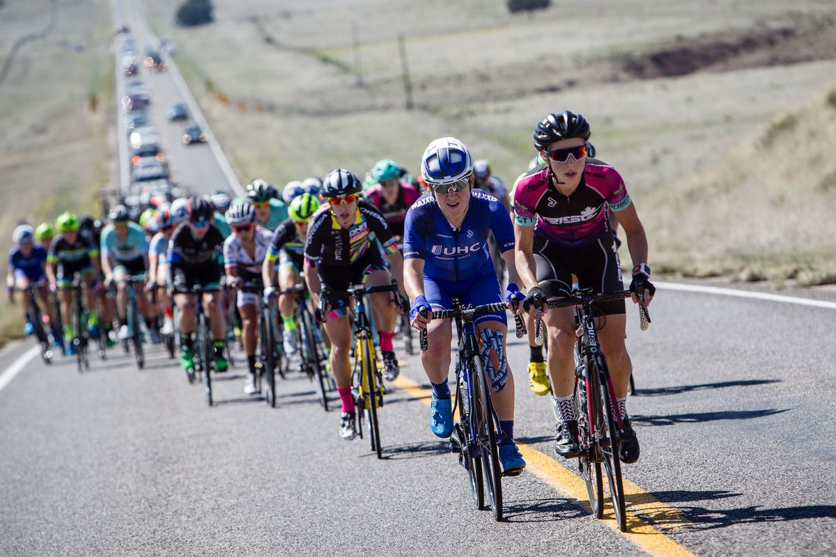 Riders try to string out the front on one of the hills during stage 1 at Tour of the Gila