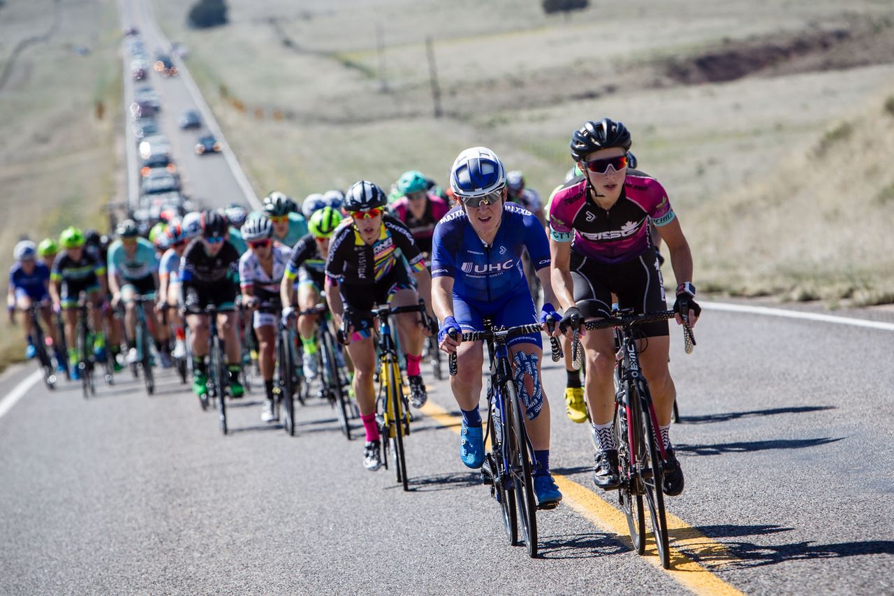 Riders try to string out the front on one of the hills during stage 1 at Tour of the Gila