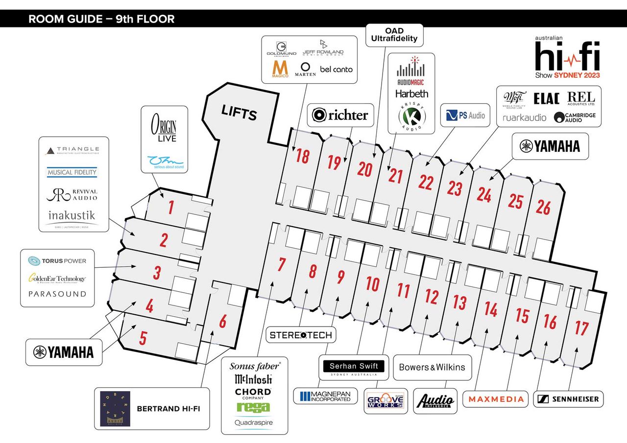 The floor plan for Level 9 at the 2023 Australian Hi-Fi Show in Sydney.