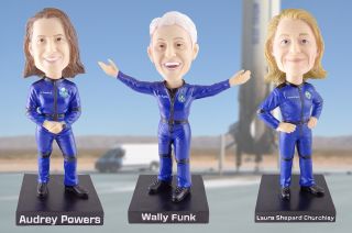 Blue Origin's bobbleheads honor astronauts Audrey Powers, Wally Funk and Laura Shepard Churchley.