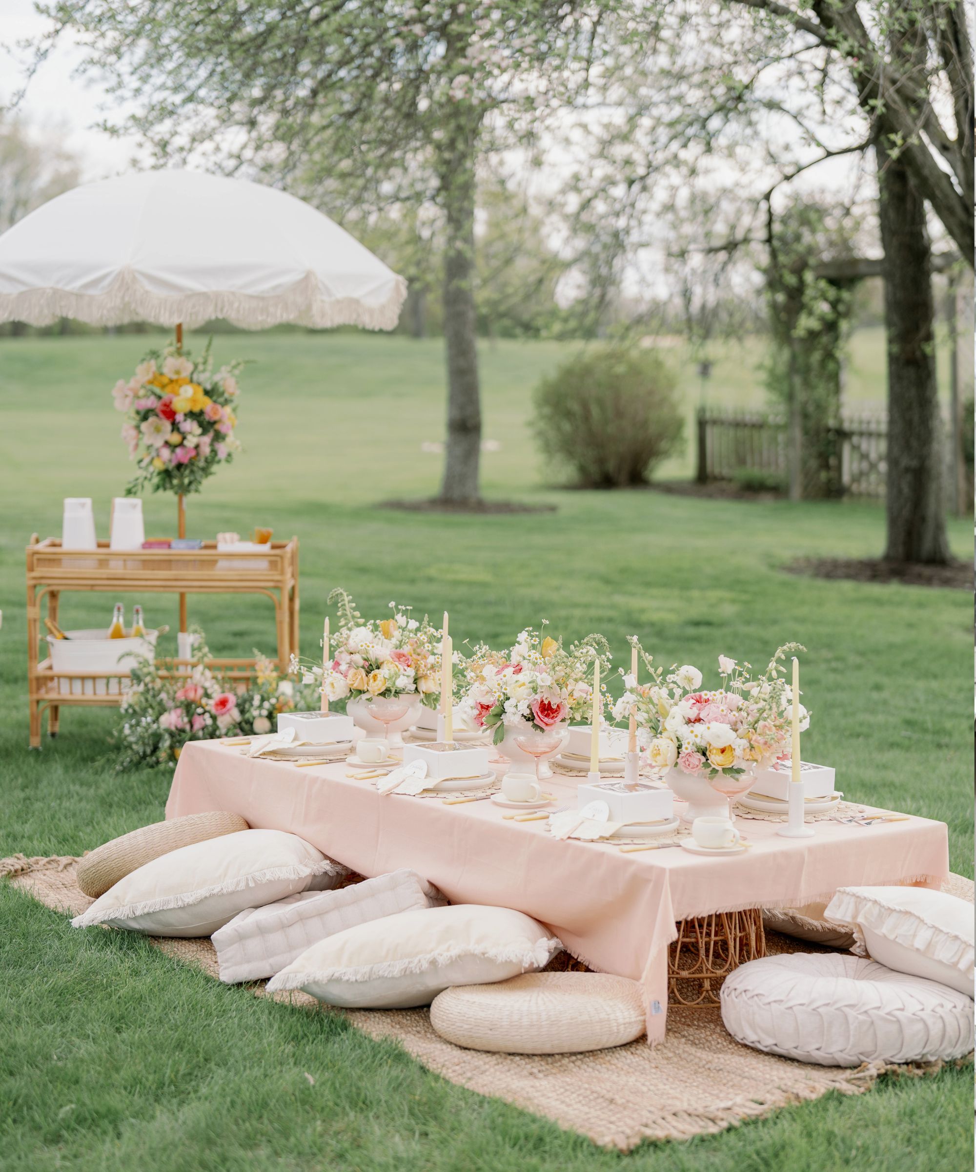 Lake Geneva Picnic Co luxury picnic with a low table, pink tablecloth, jute rug and large floor cushions