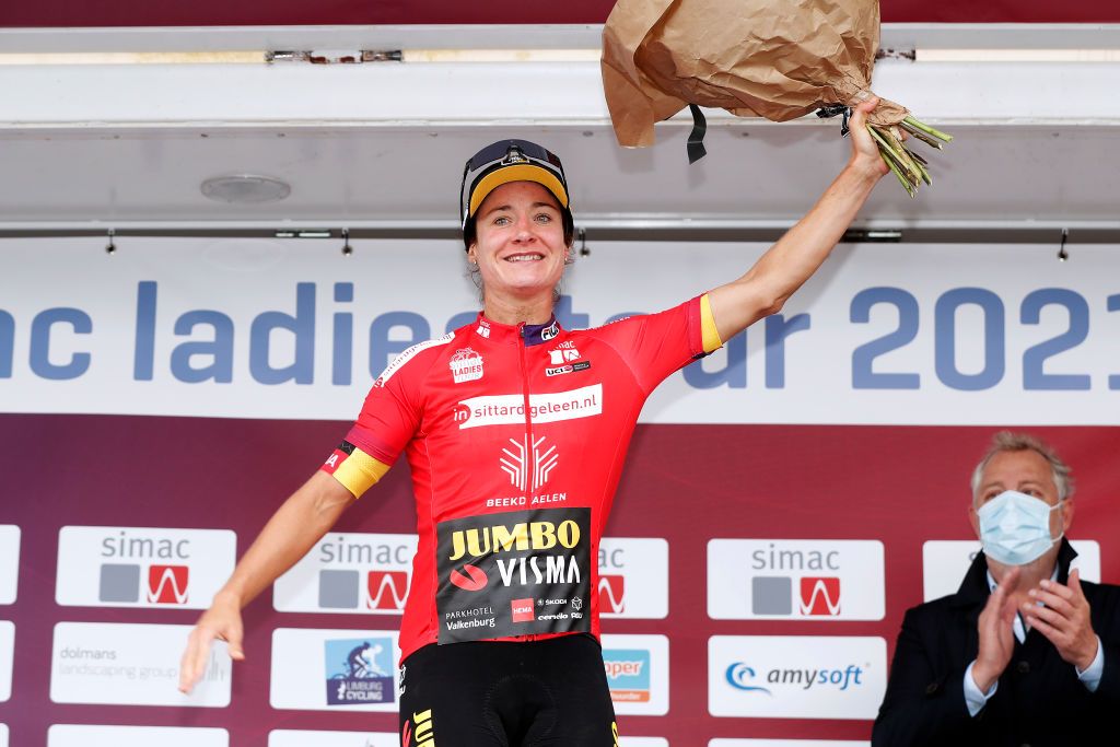 SWEIKHUIZEN NETHERLANDS AUGUST 28 Marianne Vos of Netherlands and Team Jumbo Visma celebrates winning the stage on the podium ceremony after the 23rd Simac Ladies Tour 2021 Stage 4 a 1489km stage from Geleen to Sweikhuizen SLT2021 UCIWWT on August 28 2021 in Sweikhuizen Netherlands Photo by Bas CzerwinskiGetty Images