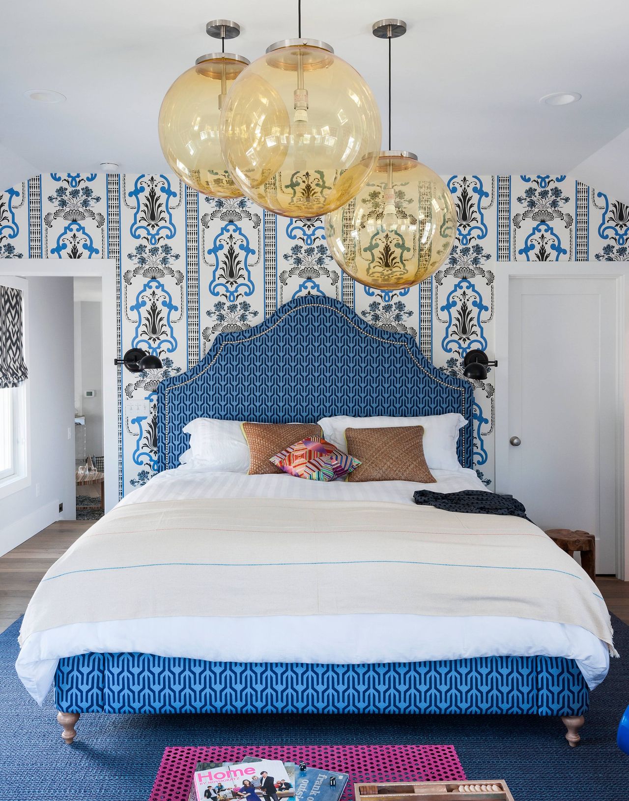 Blue and white bedroom with wallpaper