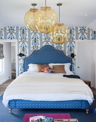 Blue and white bedroom with wallpaper