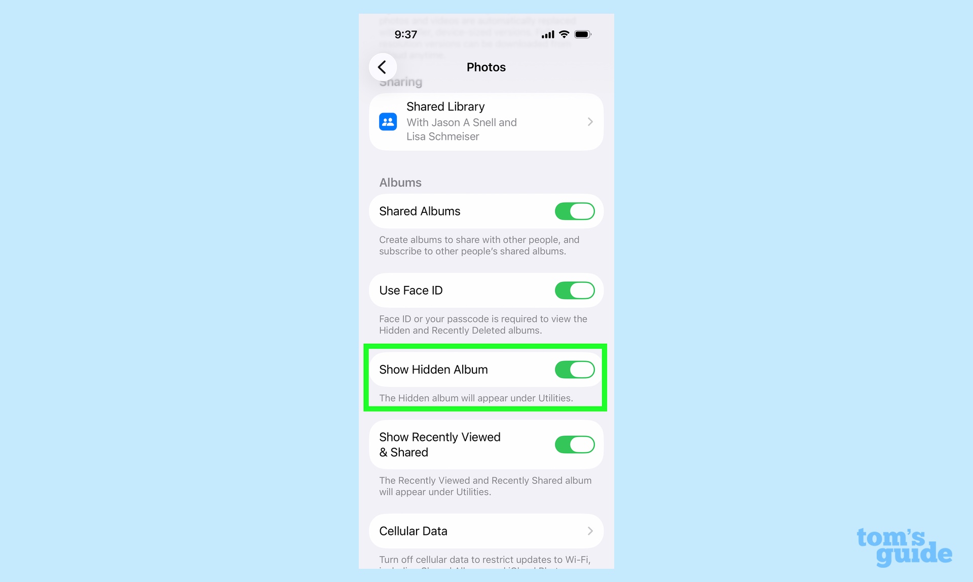 Show Hidden Album toggle in Photos settings