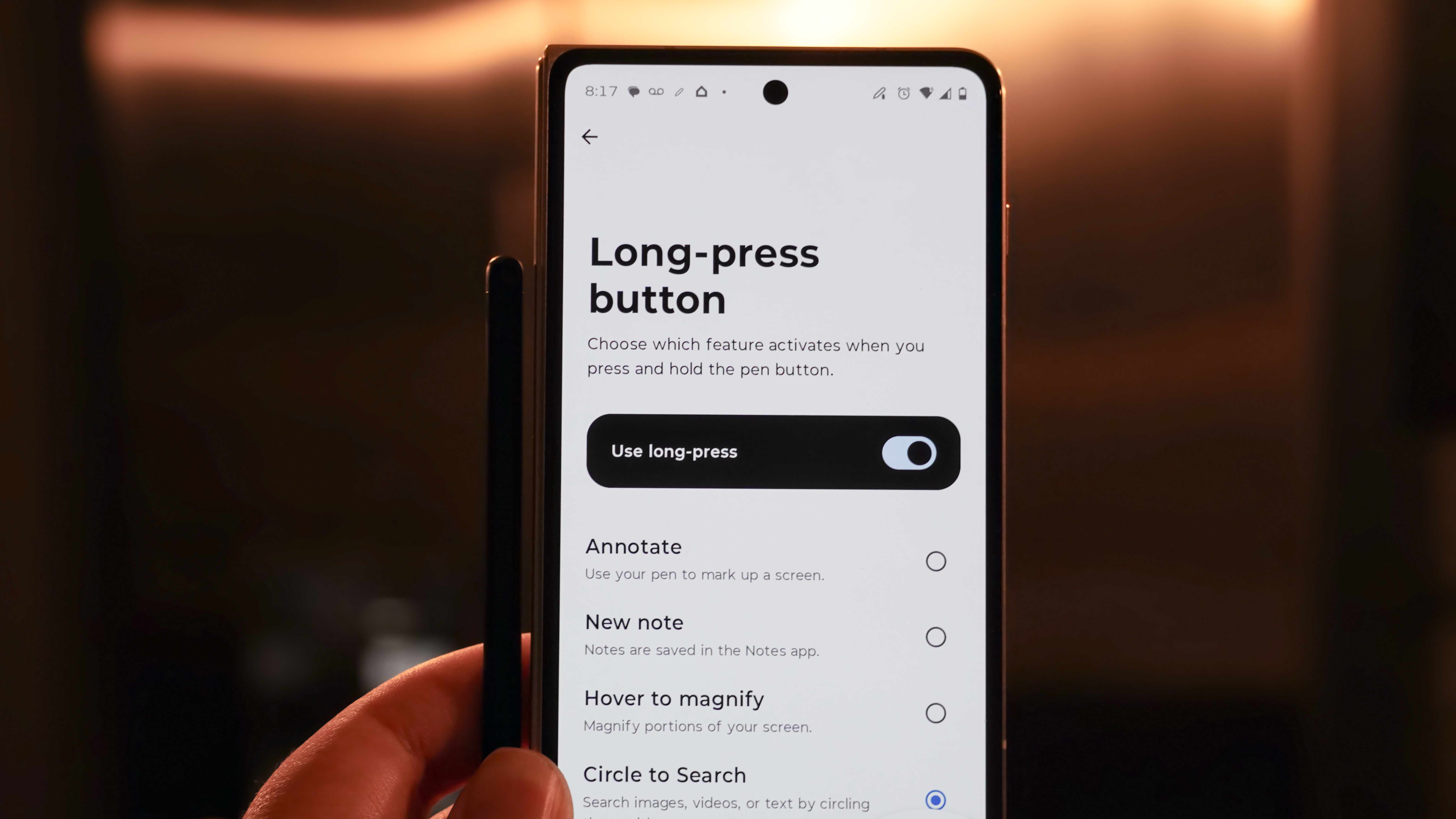 Moto Pen Ultra being used on the Motorola Razr Fold.