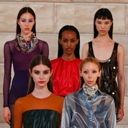 five models at the S/S '27 Marc Jacobs show in colorful outfits and black eyeliner