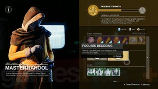 Destiny 2 how to get new exotics and engrams master rahool vendor menu screen with focused decoding