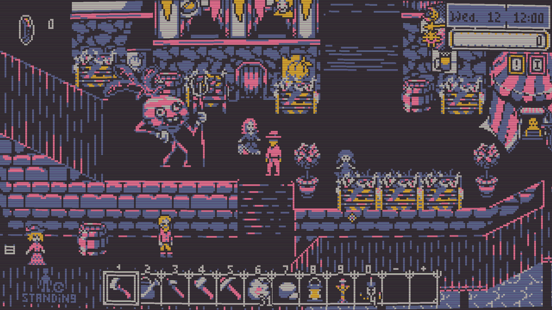 A dark pixel art environment features two figures and a triton-wielding monster