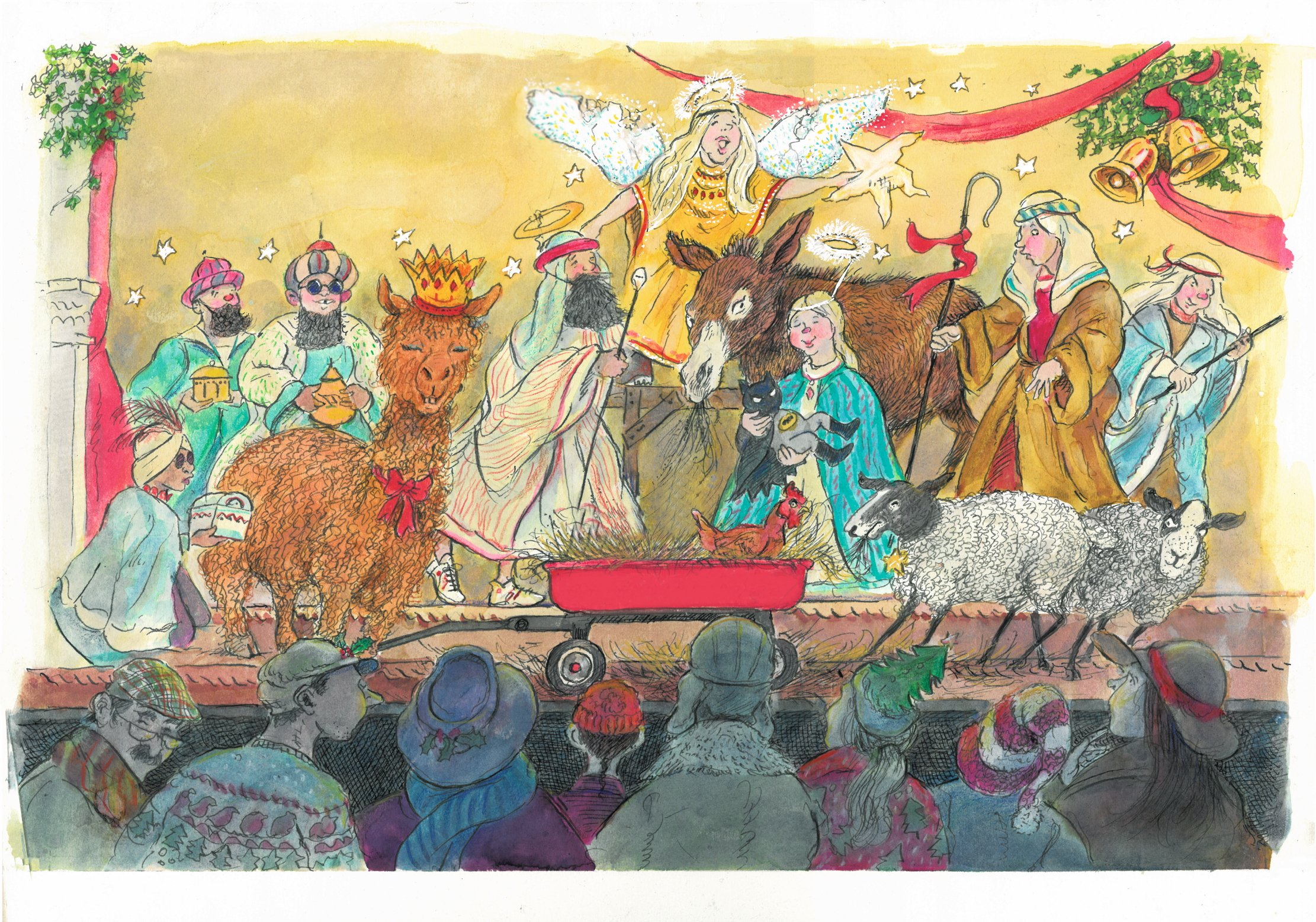 An illustration of a nativity scene on stage