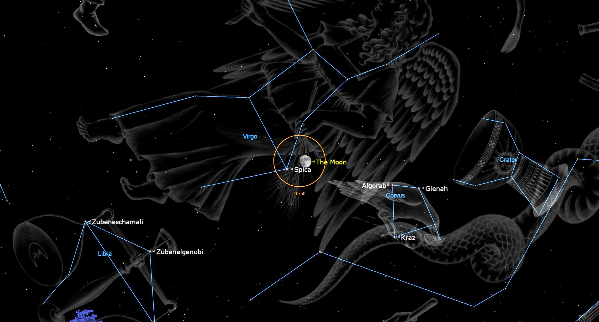 night sky map graphic showing the moon to the right of bright star Spica.