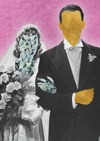 A woman in a wedding dress with a diamond covering her face and a man in tuxedo