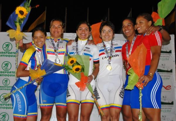 The women's team sprint podium: Venzuela, Colombia, Cuba
