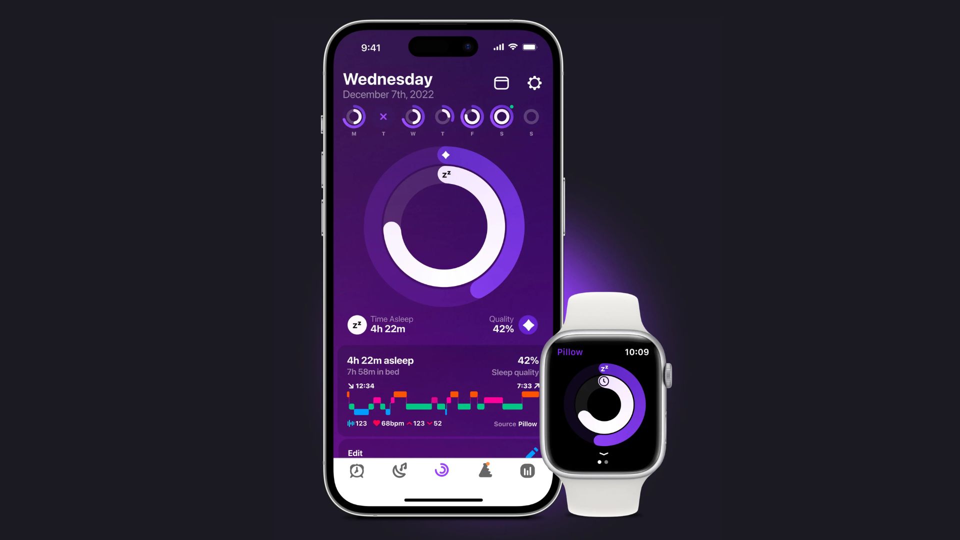 A phone and a smart watch showing the Pillow app in use with circular diagrams showing sleep stats