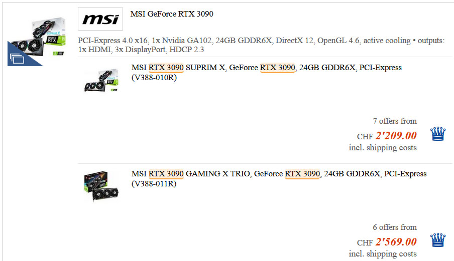 MSI GeForce RTX 3090 pricing
