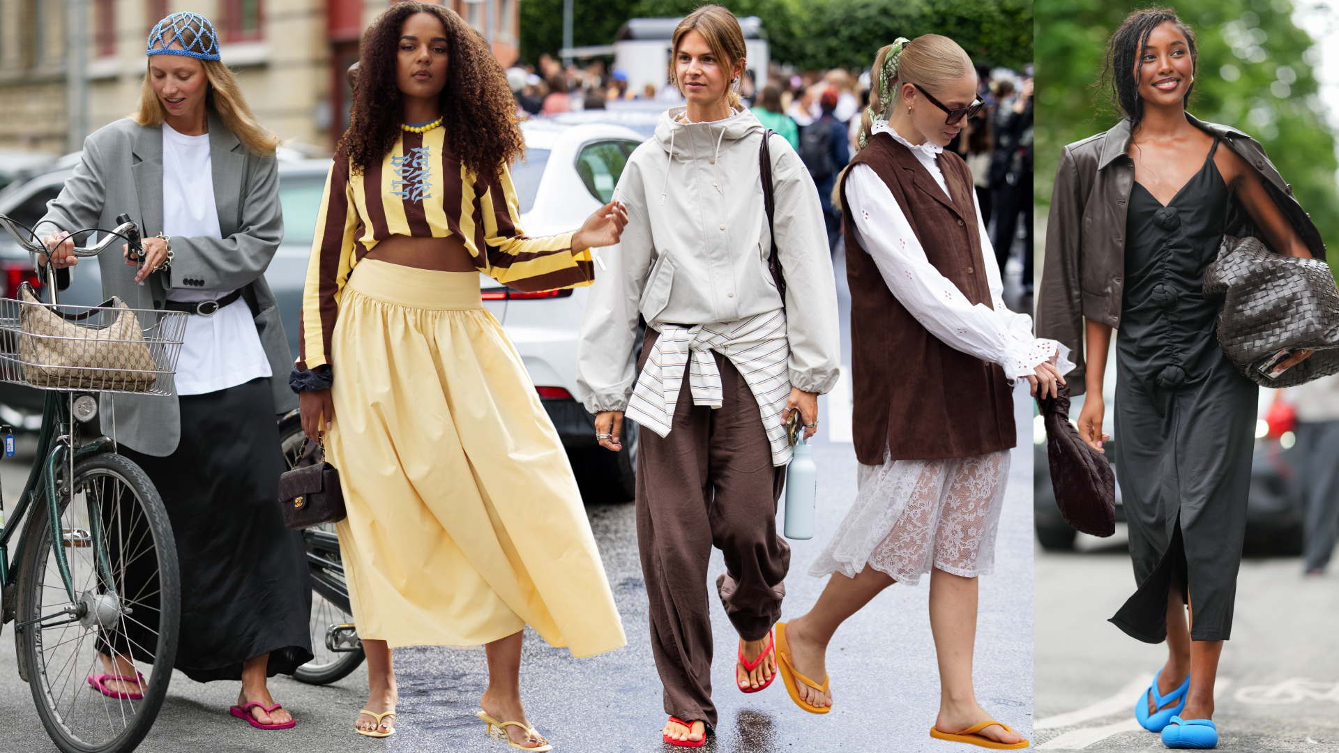 women at Copenhagen Fashion Week wearing brightly colored flip flops with neutral outfits