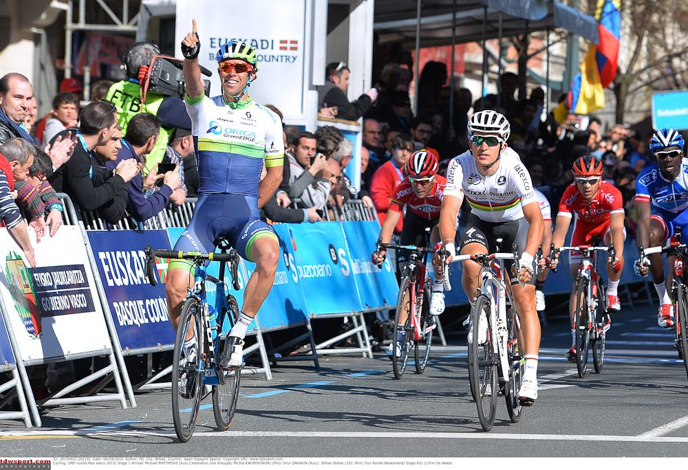 Michael Matthews celebrates his stage win in Pais Vasco.