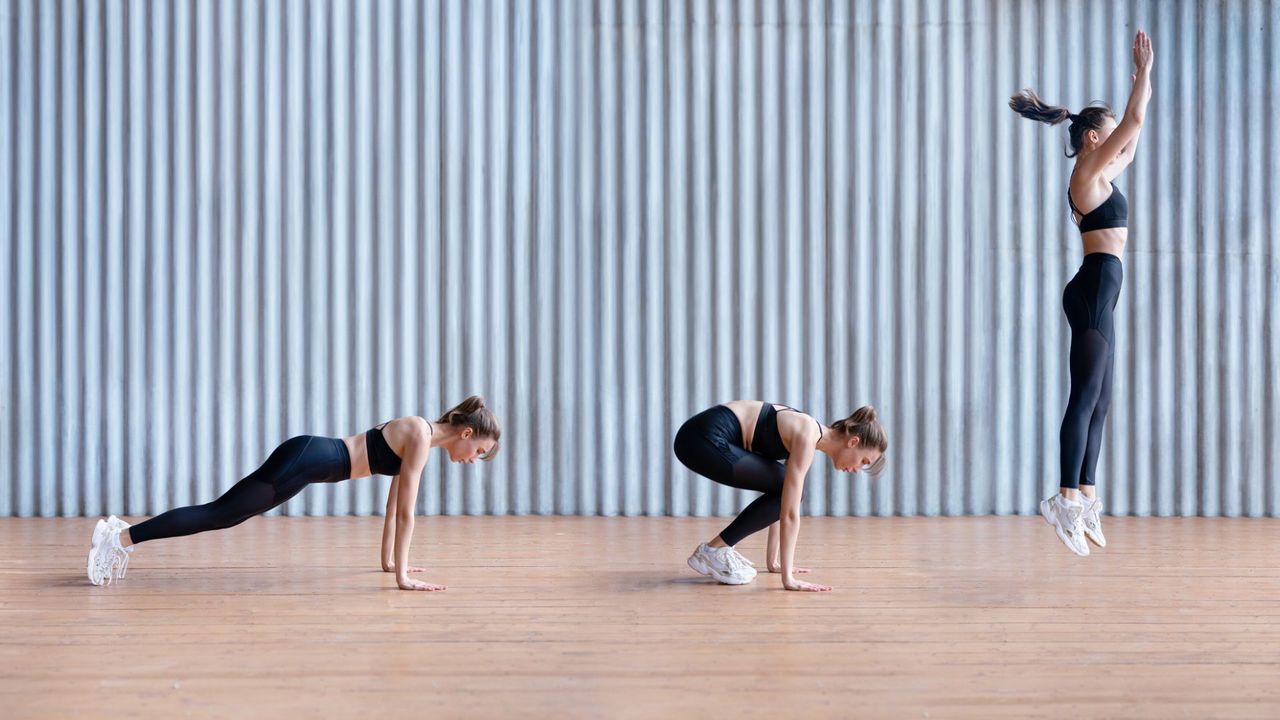 A woman performing a burpee