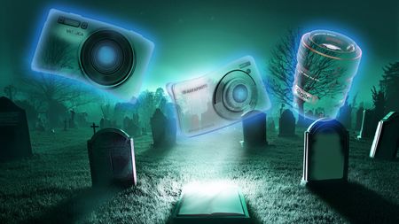 A composite image of a graveyard with transparent cameras floating above the tombstones