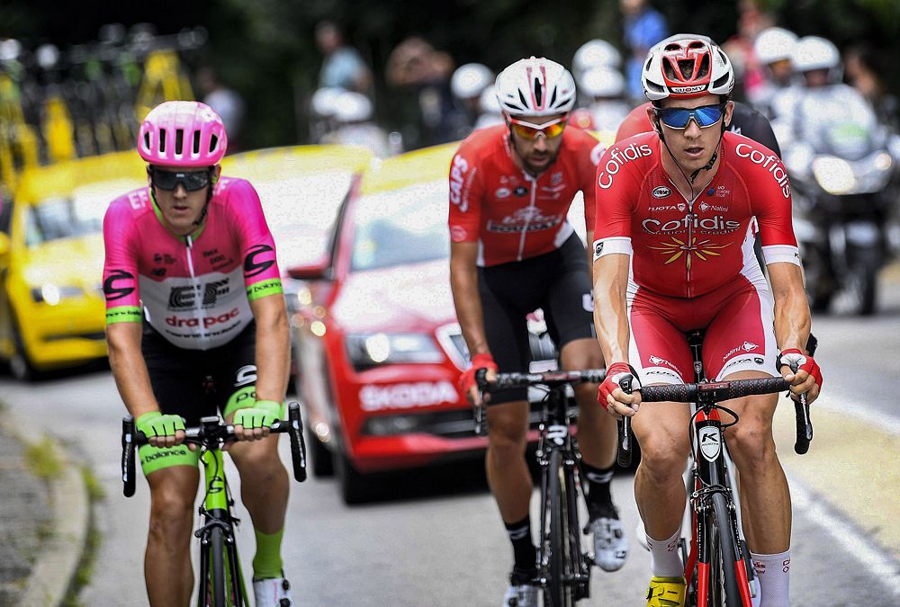 Stage 13 breakaway at the Tour de France: Thomas de Gendt (Lotto Soudal), Thomas Scully (EF Education First-Drapac), Michael Sch&auml;r (BMC Racing) and Dimitri Claeys (Cofidis, Solutions Credits)