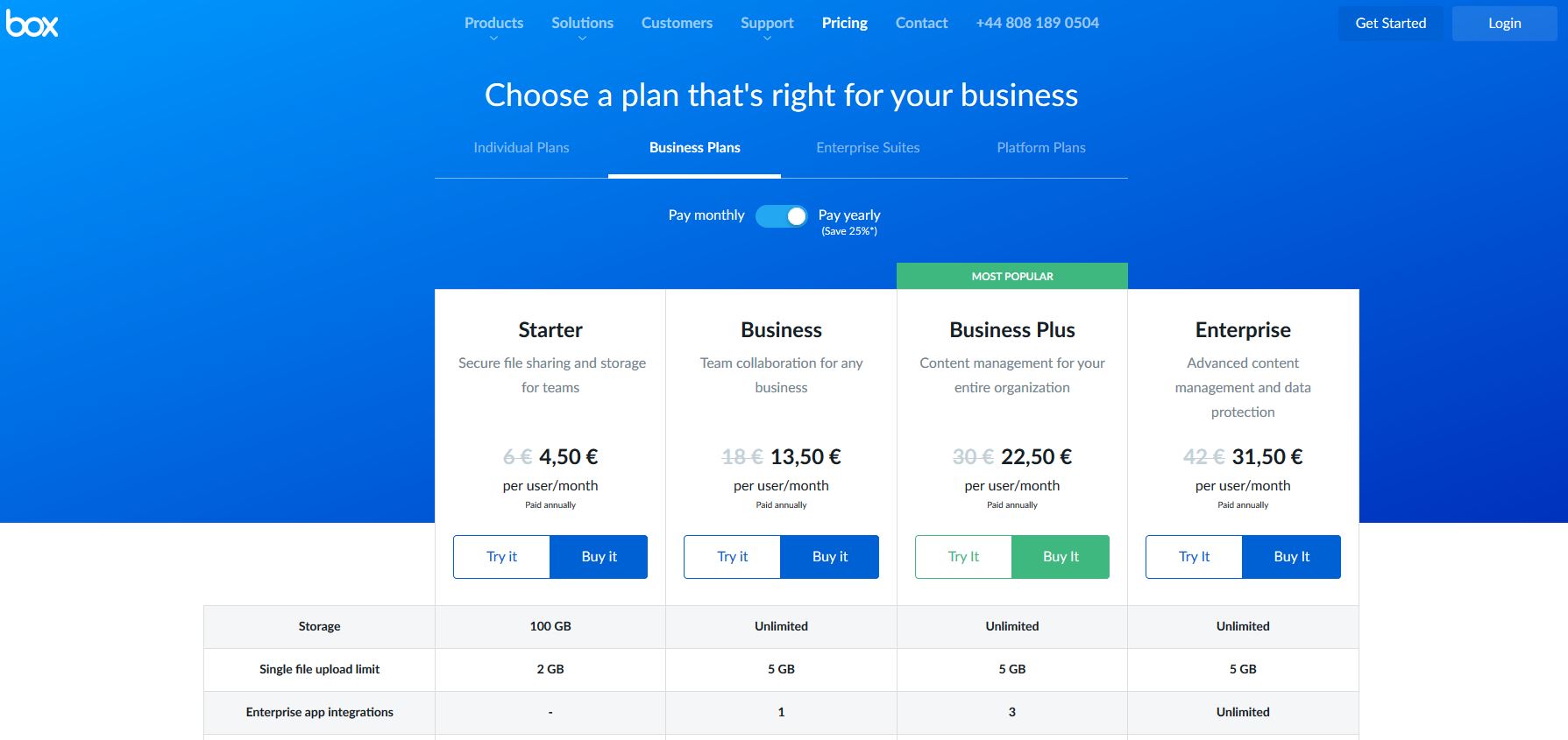 Box for Business' homepage