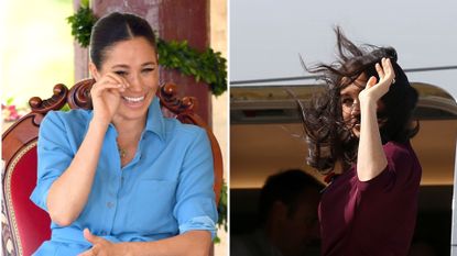 (L) Meghan Markle laughing, (R) Meghan Markle being windswept 