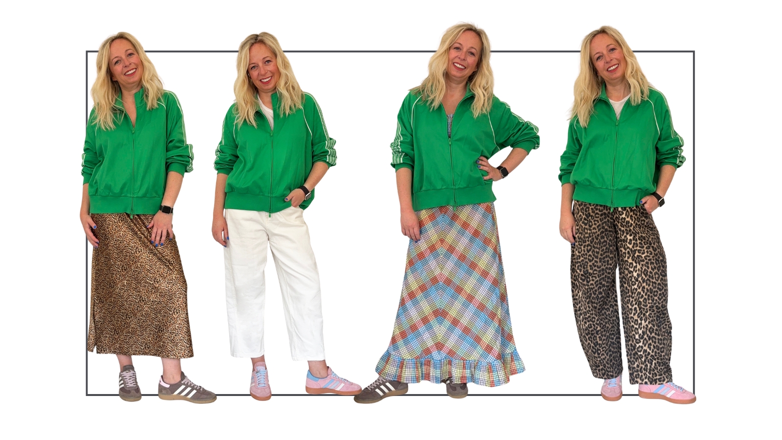 Antonia Kraskowski wearing outfits styled with a green track top from M&amp;amp;S