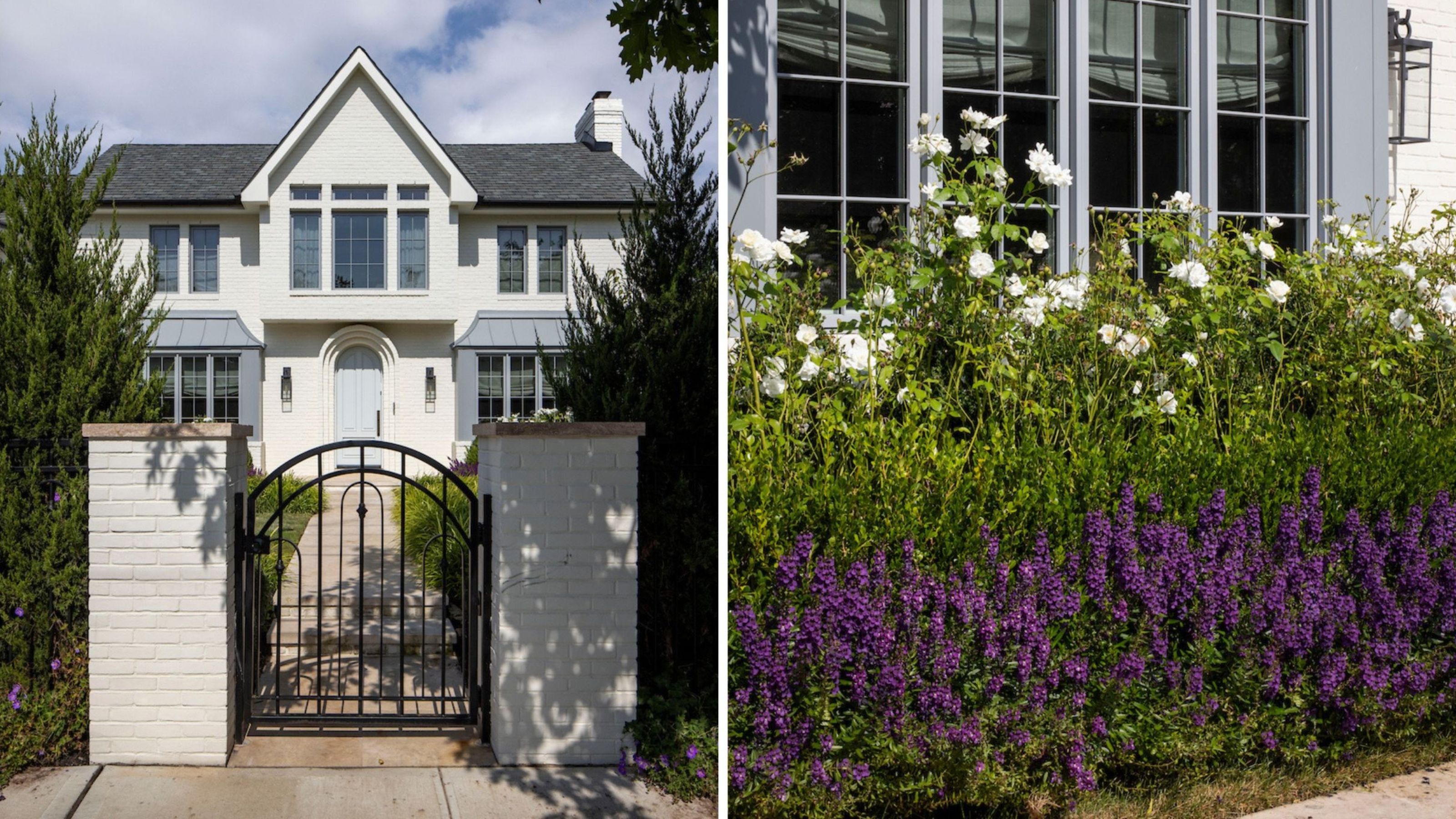 Two separate shots of the front yard of a home with a gate as well as one shot of a close up shots of the landscaping and plants