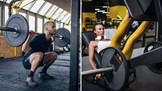 A man doing a barbell squat and a lady using the leg press machine