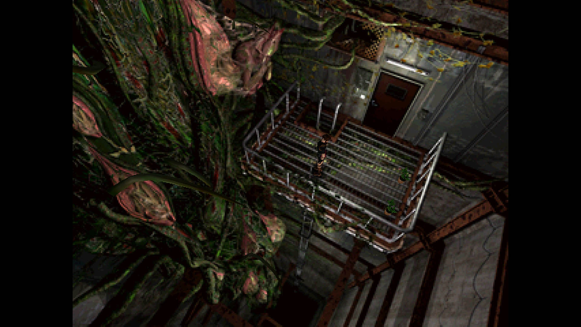 Claire Redfield observes a gruesome growth underground in Resident Evil 2 for the PC
