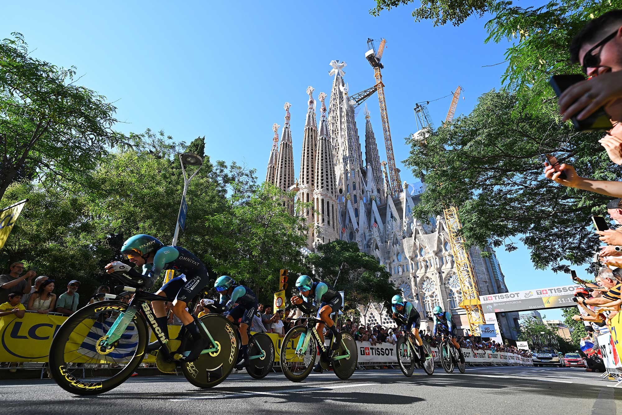 Bahrain - Victorious ride their team time trial effort with a view of the La Sagrada Familia in the background Tour de France 2026, Stage 1 (Photo by Tim de Waele/Getty Images)