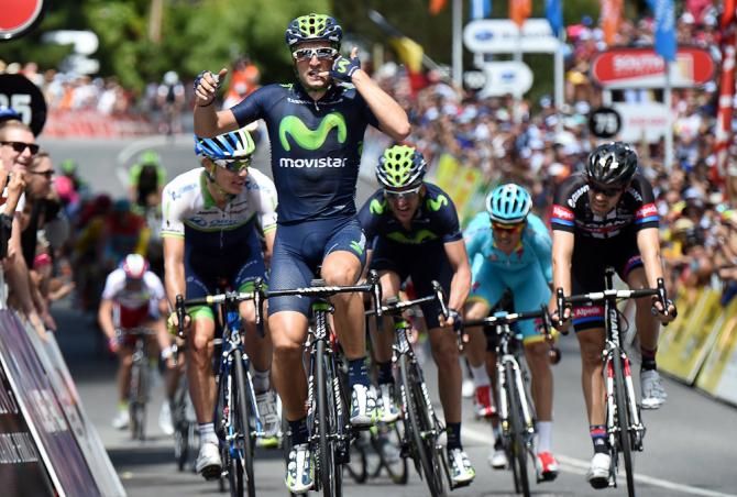 Juan Jose Lobato celebrates his win during stage 2 of the Tour Down Under.