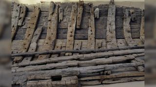 The rhine roman troop transporter shipwreck on display at the Museum of Ancient Seafaring