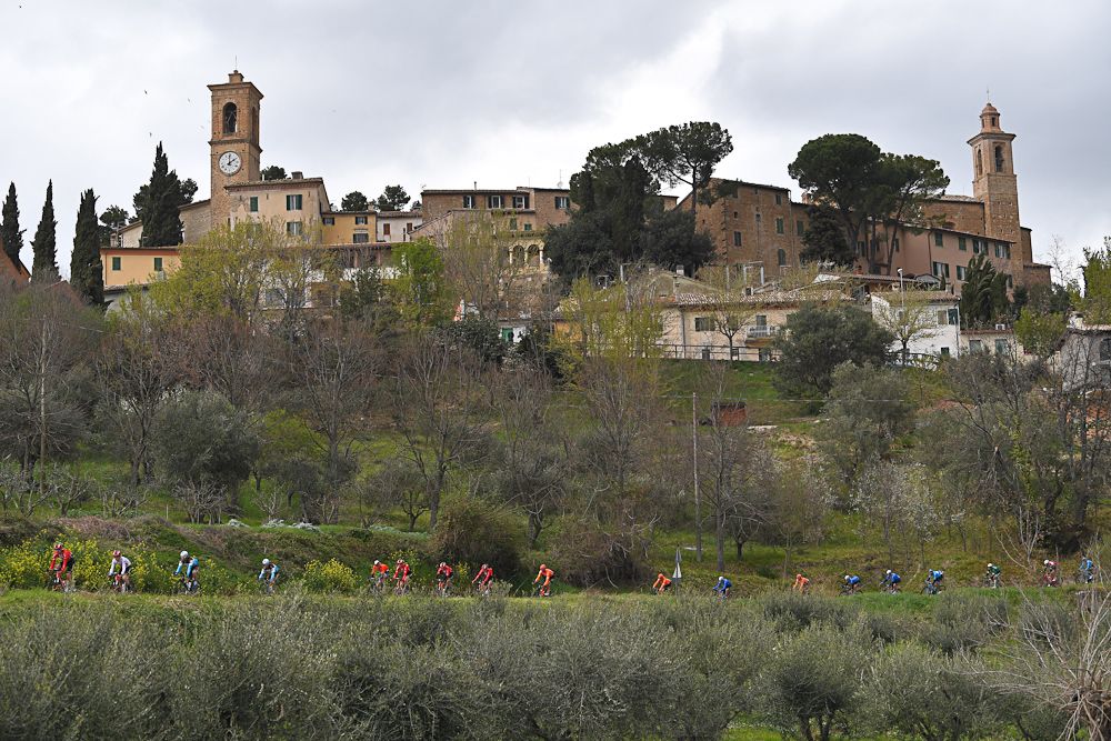 The Tirreno-Adriatico peloton in action during stage 6