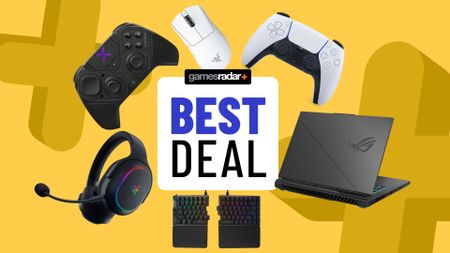 Gaming accessories on a yellow background with blue 'best deal' badge in the middle