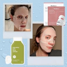 Photo collage of editors Jamie Schneider and Kaitlyn McLintock testing the best sheet masks 