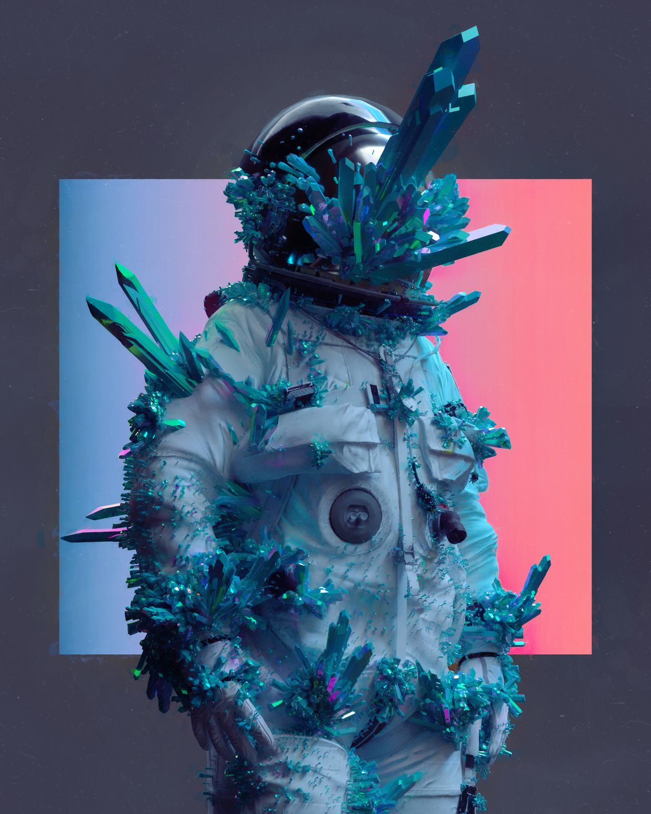 image shows astronaut suit with crystals growing out of it