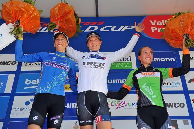 The final podium of Helen Wyman (Kona Factory Team), Katie Compton (Trek Factory Racing) and Sophie De Boer (Parkhotel Valkenburg Continental Team)
