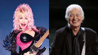 Dolly Parton studio portrait, plus Jimmy Page onstage at the 2023 Rock And Roll Hall Of Fame show