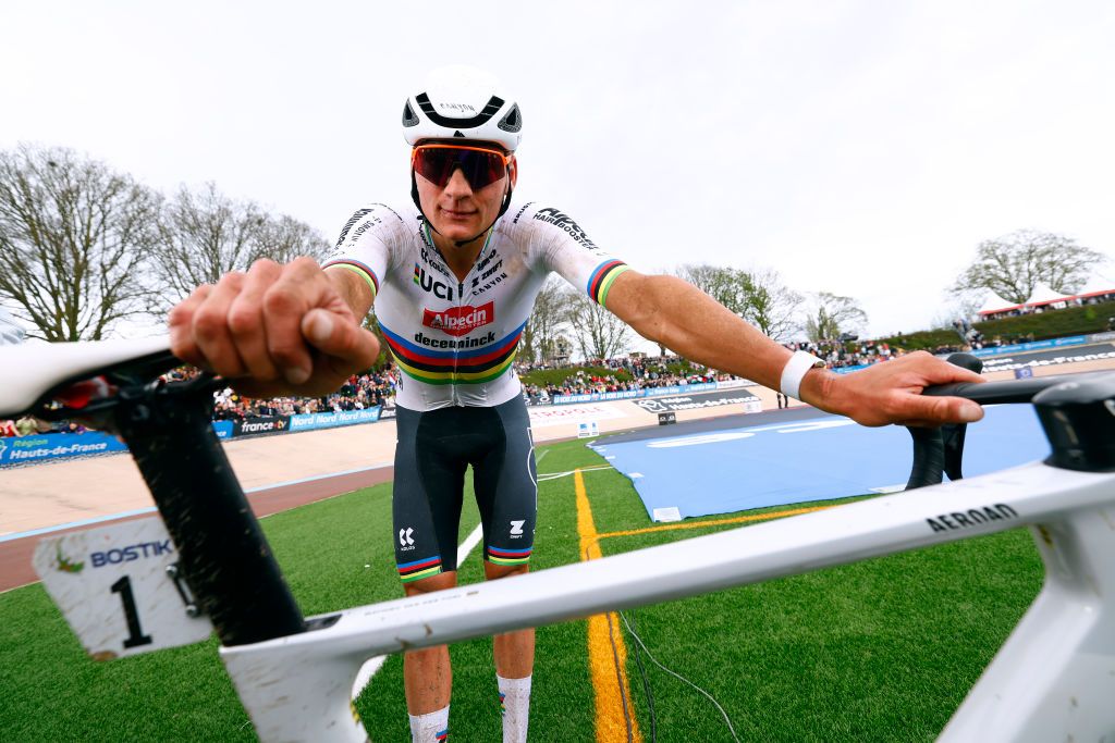ROUBAIX FRANCE APRIL 07 Mathieu van der Poel of The Netherlands and Team Alpecin Deceuninck celebrates at finish line as race winner in the Roubaix Velodrome Velodrome Andre Petrieux during the 121st ParisRoubaix 2024 a 2597km one day race from Compiegne to Roubaix UCIWT on April 07 2024 in Roubaix France Photo by Etienne Garnier PoolGetty Images