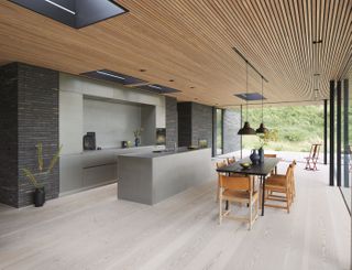 Modern kitchen ideas in a long, sleek gray scheme with wood panelled ceiling, black table and wooden chairs.
