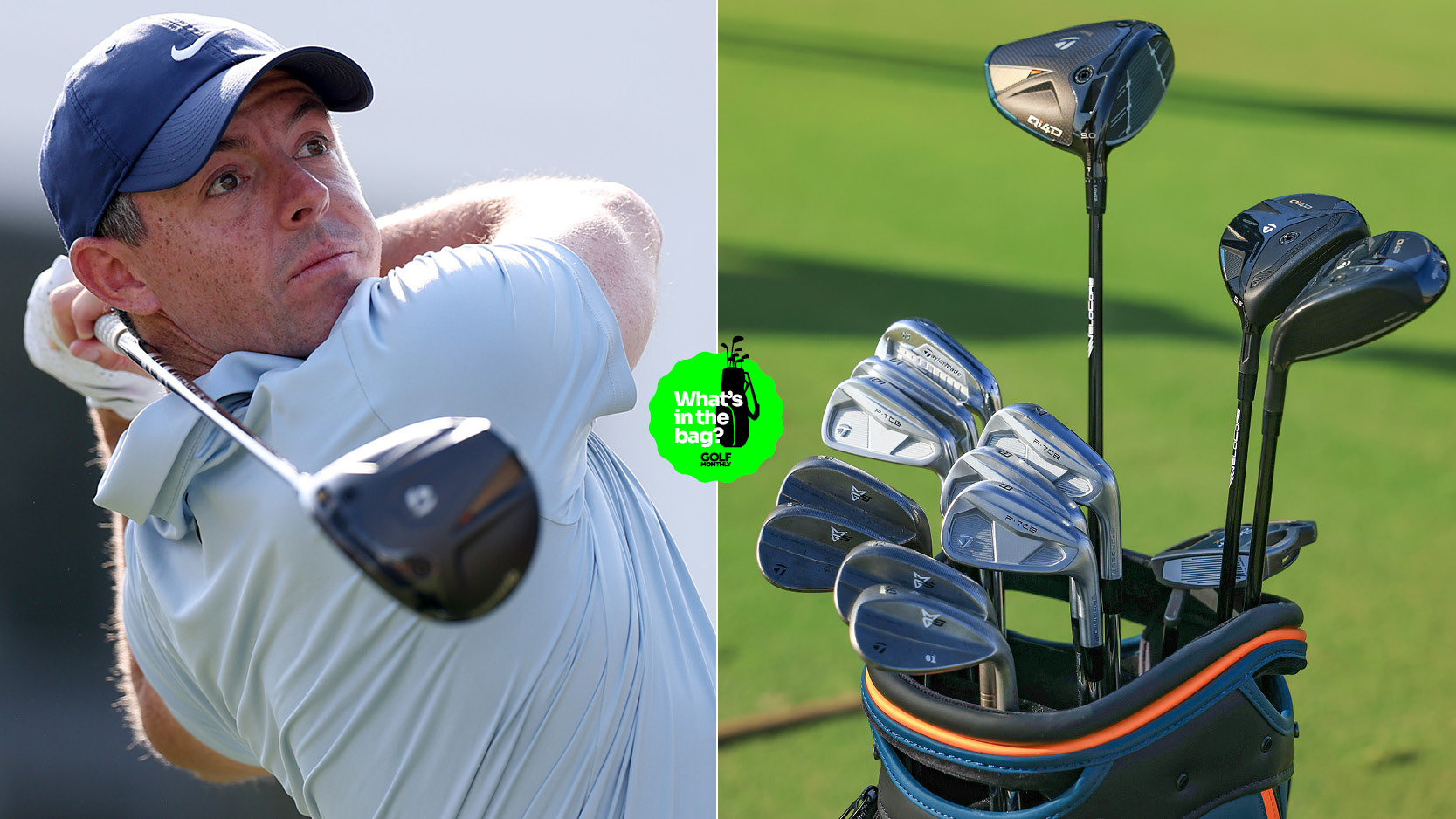 Rory McIlroy hits a driver off the tee, with a close up of his bag 