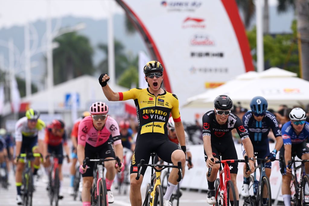 NANNING CHINA OCTOBER 14 LR Olav Kooij of The Netherlands and Team JumboVisma celebrates at finish line as stage winner ahead of Rick Pluimers of The Netherlands and Tudor Pro Cycling Team during the 4th GreeTour of Guangxi 2023 Stage 3 a 1343km stage from Nanning to Nanning UCIWT on October 14 2023 in Nanning China Photo by Tim de WaeleGetty Images