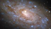 A blue tinted spiral in space. It is very sparkly and seen slightly edge-on. At the center, a bright spot.