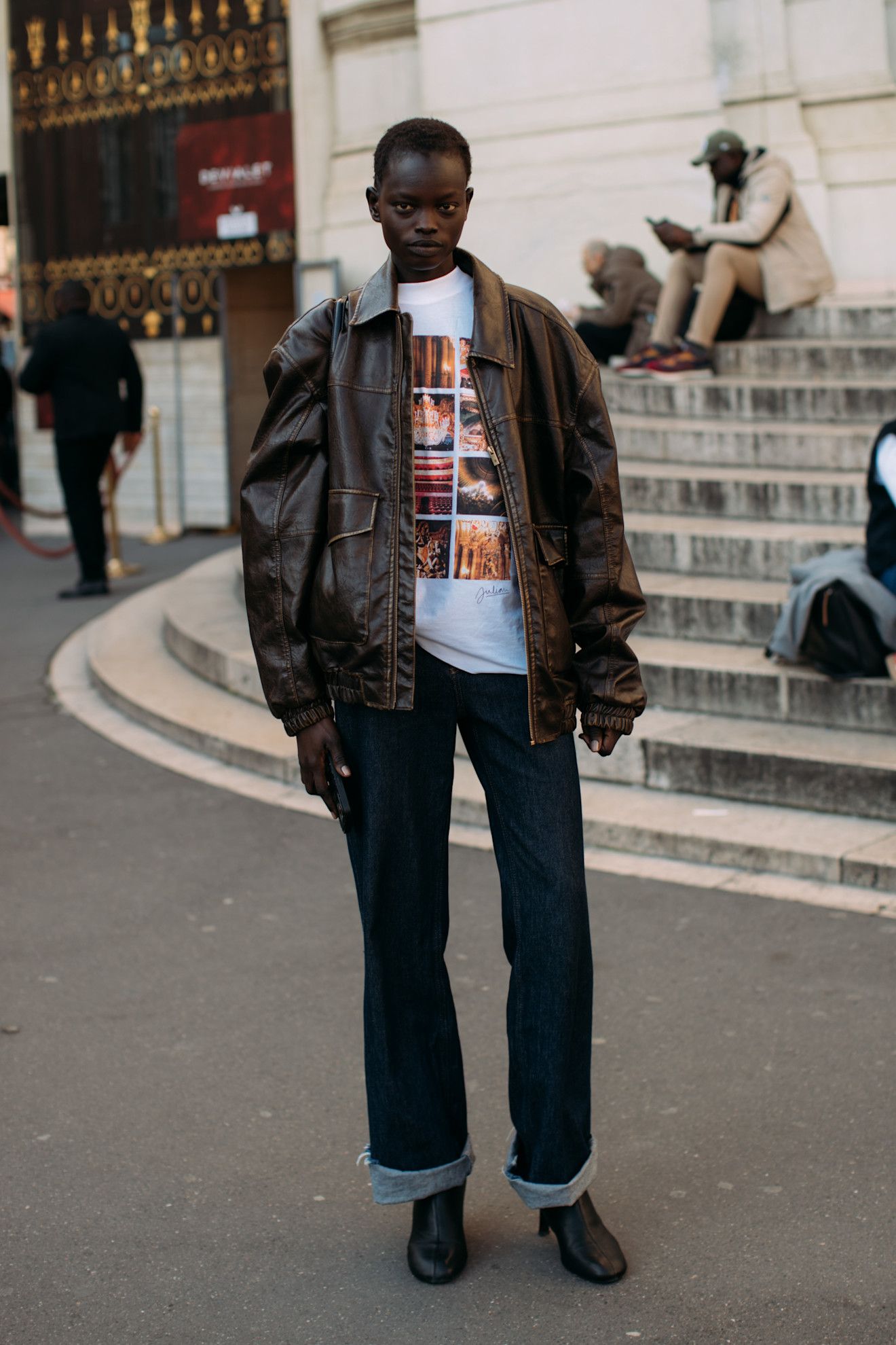 winter jackets to wear with jeans: brown leather jacket