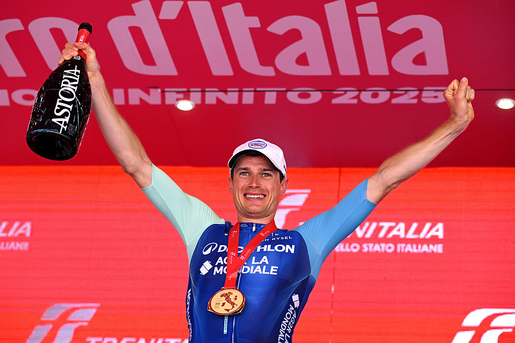 CHAMPOLUC ITALY MAY 30 Nicolas Prodhomme of France and Team Decathlon AG2R La Mondiale celebrates at podium as stage winner during the 108th Giro dItalia 2025 Stage 19 a 166km stage from Biella to Champoluc 1574m UCIWT on May 30 2025 in Champoluc Italy Photo by Dario BelingheriGetty Images