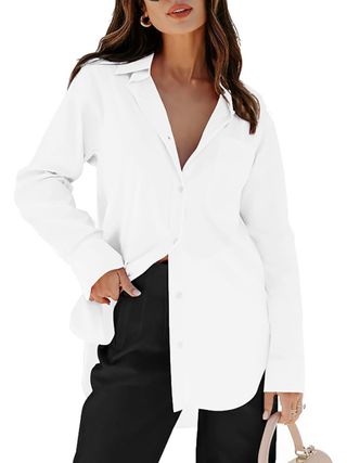 siliteelon, Siliteelon Womens Button Down Shirts Dress Shirts Long Sleeve Blouses Wrinkle Free Solid Tunics Tops With Pockets - White M